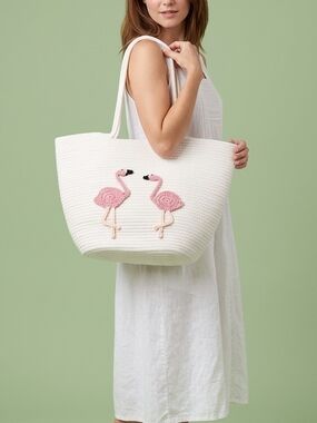 White Vintage-Vibes Flamingo Coiled Cotton Rope Tote Bag 🦩